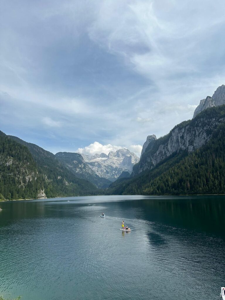 Vorderer Gosausee with Dachstein view in the back - paddleboard on Gosau lake